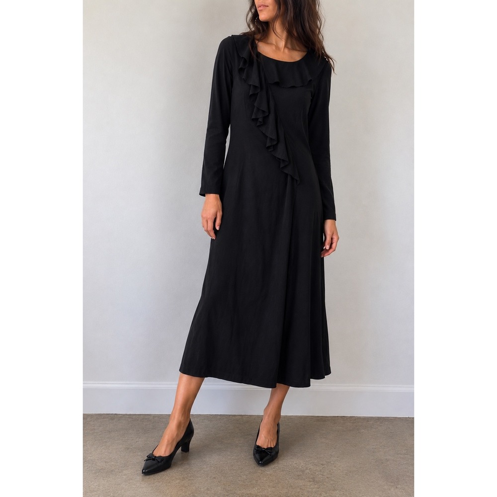 Vintage Ernst Strauss Black Ruffle Midi Dress Size 16 NWT Romantic Goth